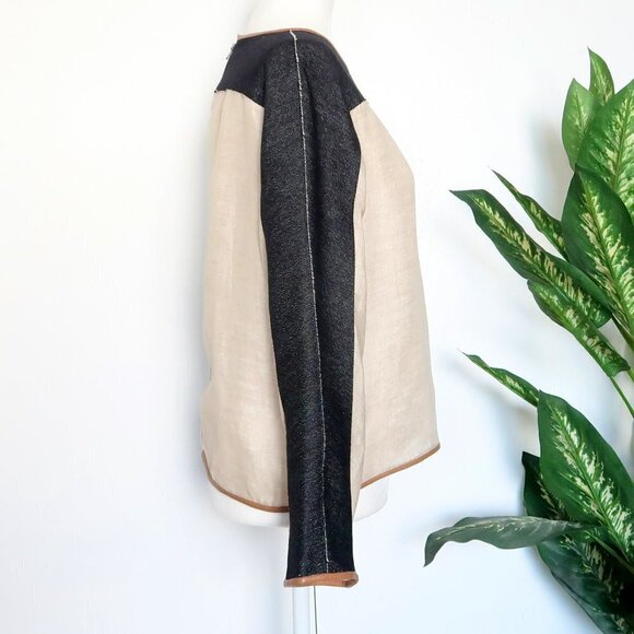 Dina Agam Anthropologie Linen Denim Lambskin Leather Crew Neck Long Sleeve Top M - Picture 6 of 12